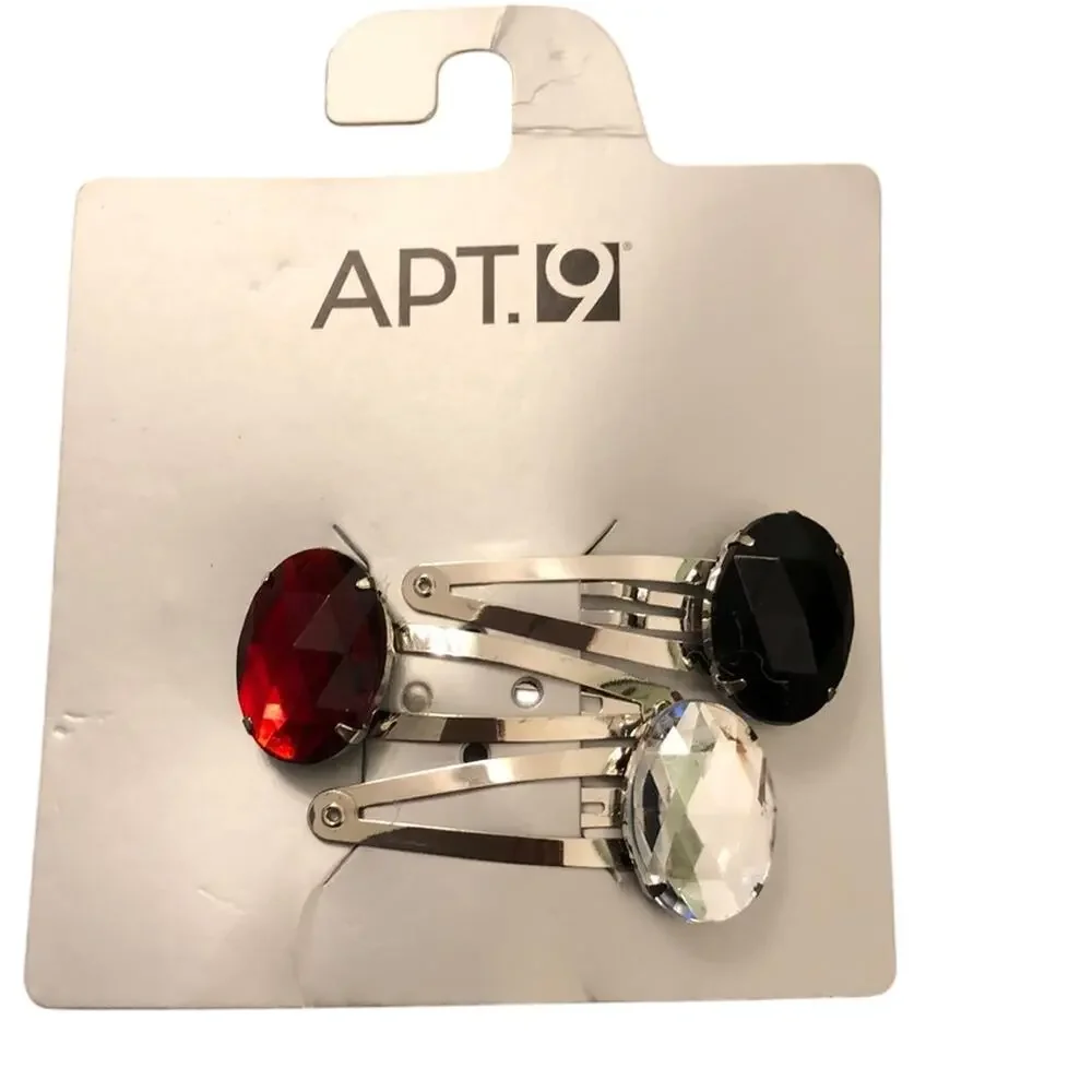 Apt.9 Jewel Hair Clips New on Card Set of 3 Red Black Crystal